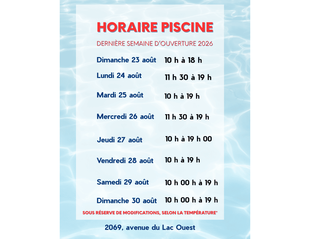 Horaire Piscine 23 30 Août 2026 - Municipalité de Roxton Pond